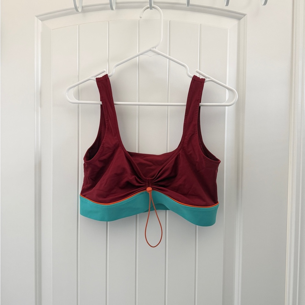 Fabletics Maroon Sports Bra with Teal Band and Orange Drawcord